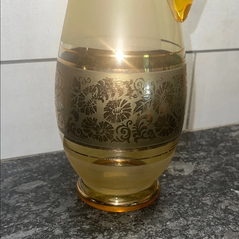 Vtg Stretch Art Glass MCM Amber Liquor Wine Decanter Gold Gilt Trim Bohemian 16